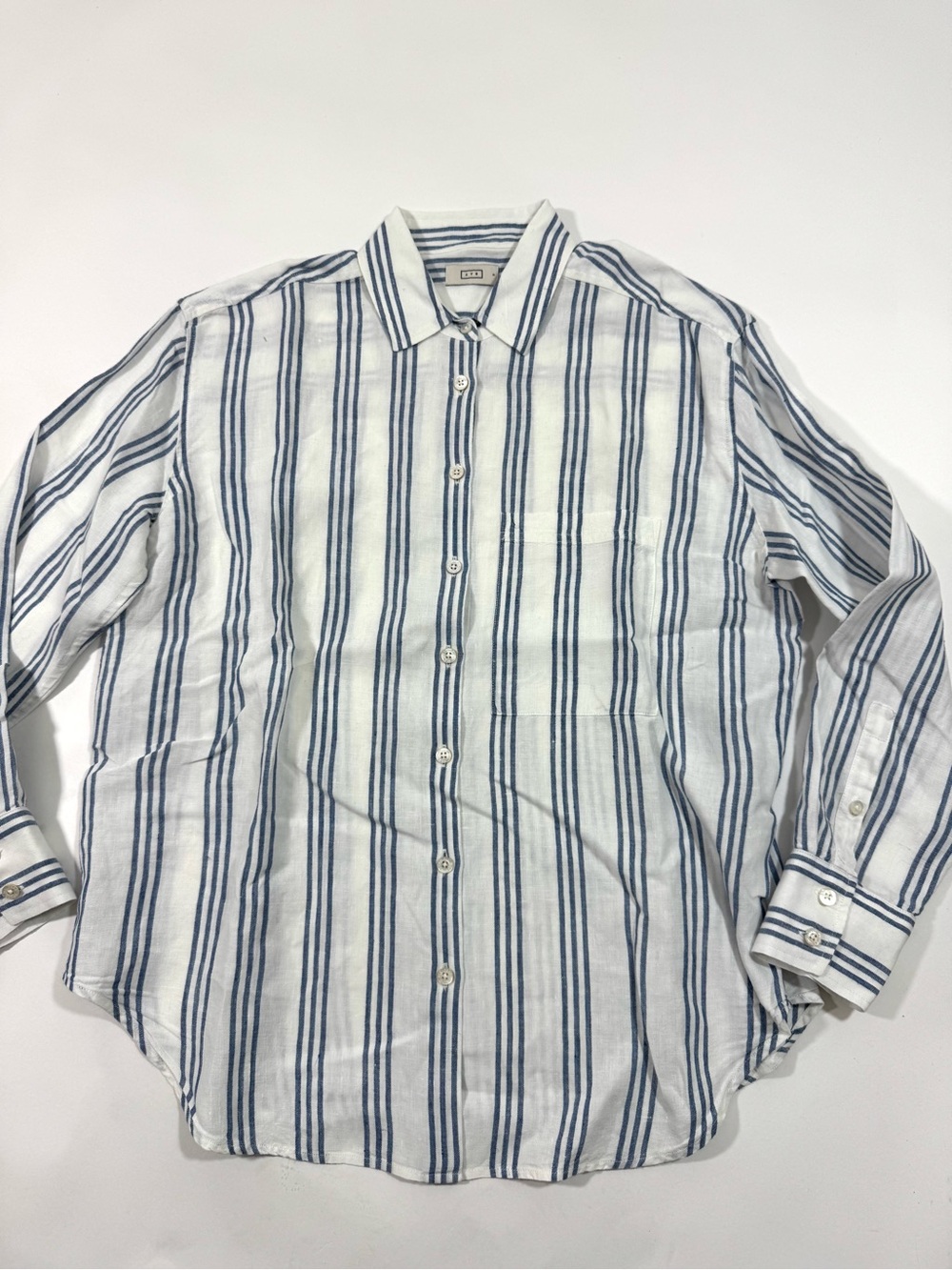 AYR Linen Button Front Shirt White Blue Stripe